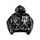 Vintage Graffiti Emotion Print Zip‑Up Hoodie Loose Fit Black Street‑wear Hooded Sweatshirt