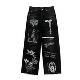 Vintage Gothic Graffiti Printed Wide Leg Baggy Denim Jeans for Men