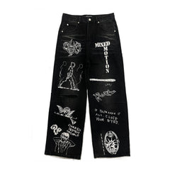 Vintage Gothic Graffiti Printed Wide Leg Baggy Denim Jeans for Men