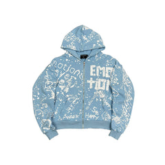 All‑Over Printed Light Blue Zip‑Up Hoodie Casual Oversized Street‑wear Hooded Jacket