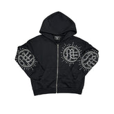 Black Rhinestone Graphic Full Zip Hoodie Men Streetwear Zip‑Up Hooded Sweatshirt
