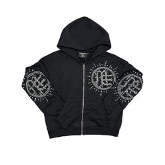 Black Rhinestone Graphic Full Zip Hoodie Men Streetwear Zip‑Up Hooded Sweatshirt