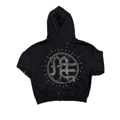 Black Rhinestone Graphic Full Zip Hoodie Men Streetwear Zip‑Up Hooded Sweatshirt