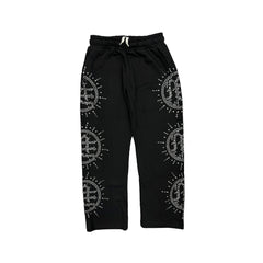 Black Rhinestone Graphic Sweat Pants Men Streetwear Loose Wide Leg Trousers