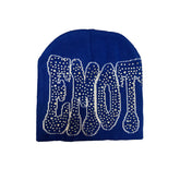 Bling Rhinestone EMOT Logo Knit Beanie Royal Blue Y2K Street‑wear Skull Cap
