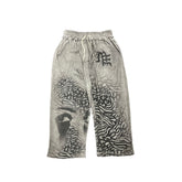 Washed Grey Abstract Graphic Wide Leg Sweat Pants Men Streetwear Loose Trousers