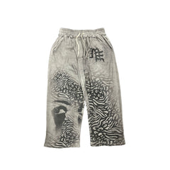 Washed Grey Abstract Graphic Wide Leg Sweat Pants Men Streetwear Loose Trousers