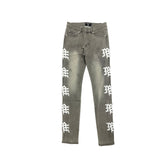 Y2K Street Style Olive Washed Graphic Straight‑Fit Distressed Denim Pants