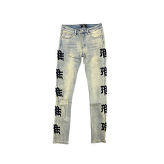 Y2K Street Style Yellow Washed Graphic Straight‑Fit Distressed Denim Pants
