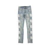 Vintage Distressed Graphic Print Straight‑Leg Denim Jeans Men Streetwear Light Wash Denim Pants