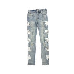 Vintage Distressed Graphic Print Straight‑Leg Denim Jeans Men Streetwear Light Wash Denim Pants