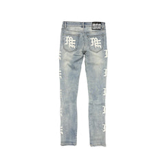 Vintage Distressed Graphic Print Straight‑Leg Denim Jeans Men Streetwear Light Wash Denim Pants