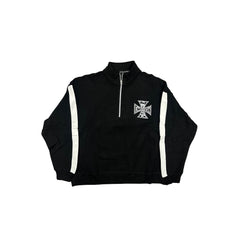 Retro Cross Print Quarter‑Zip Pullover Black Contrast Stripe Boxy Fit Street‑wear Long Sleeve Jacket