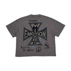 Mixed Emotion Vintage Collage Print Washed Grey Loose Streetwear T‑Shirt