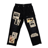 Graphic Patchwork Baggy Denim Jeans Black Vintage Poster Print Relaxed Straight‑Leg Street Pants