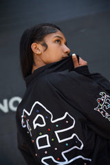 Black Colorful Graffiti Embroidered Zip‑Up Jacket Men Streetwear Stand Collar Outerwear