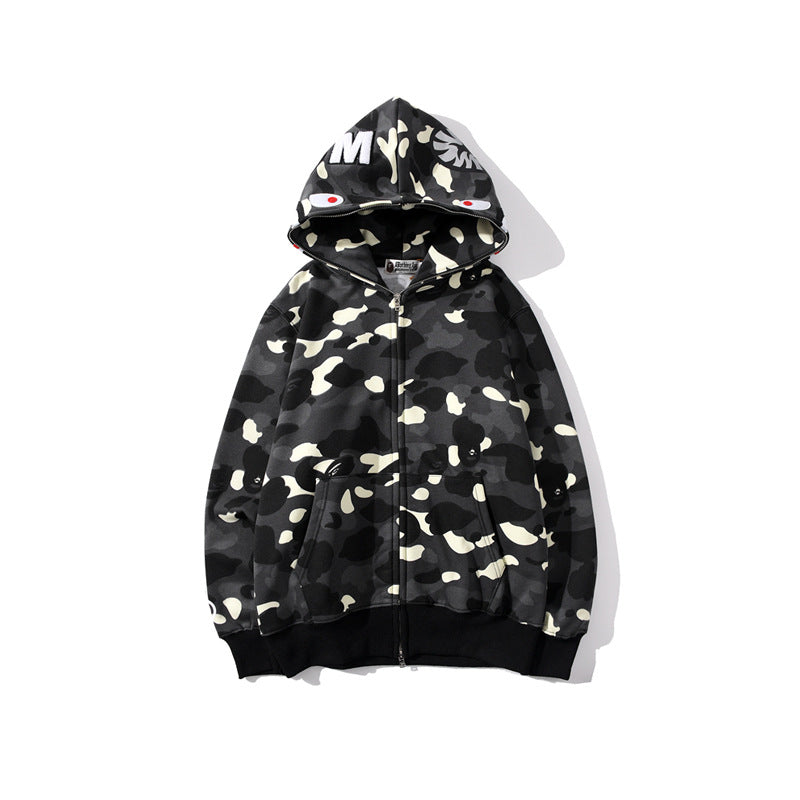 Cross border foreign trade wholesale new shark camouflage hooded cardigan zipper looped fleece men's and women's hoodie jacket trendy (19)