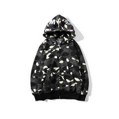 Cross border foreign trade wholesale new shark camouflage hooded cardigan zipper looped fleece men's and women's hoodie jacket trendy (19)