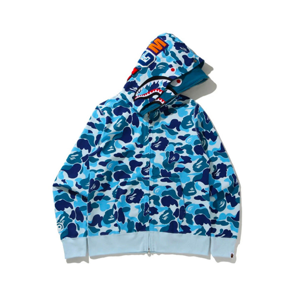 Cross border foreign trade wholesale new shark camouflage hooded cardigan zipper looped fleece men's and women's hoodie jacket trendy (22)