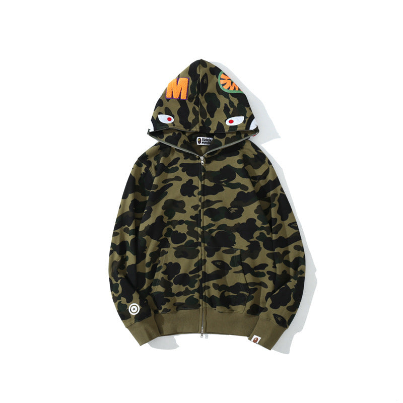 Cross border foreign trade wholesale new shark camouflage hooded cardigan zipper looped fleece men's and women's hoodie jacket trendy (7)