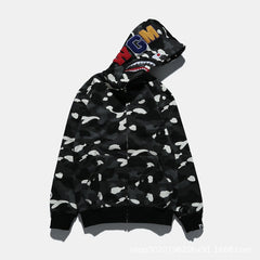 Cross border foreign trade wholesale new shark camouflage hooded cardigan zipper looped fleece men's and women's hoodie jacket trendy (1)