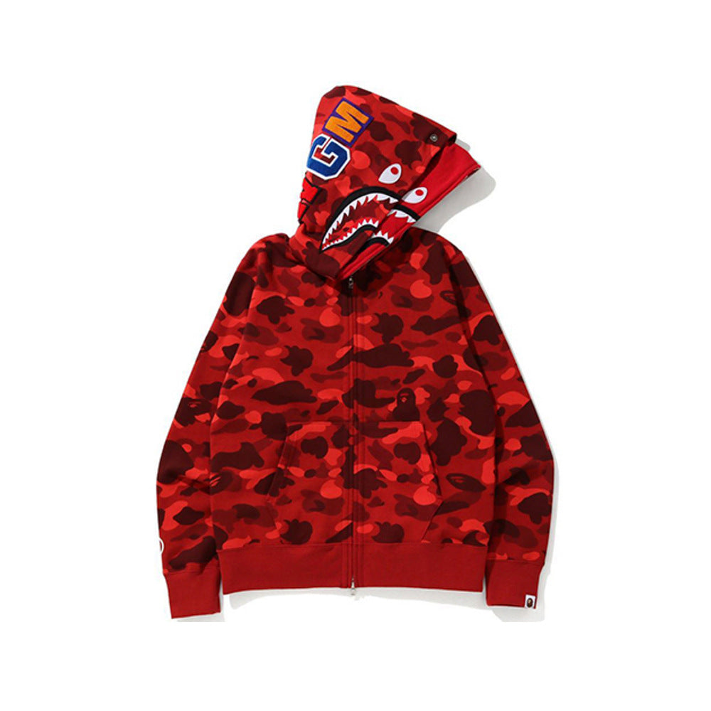 Cross border foreign trade wholesale new shark camouflage hooded cardigan zipper looped fleece men's and women's hoodie jacket trendy (25)