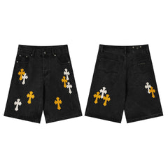Chrome Hearts Black & Orange-White Cross Denim Shorts