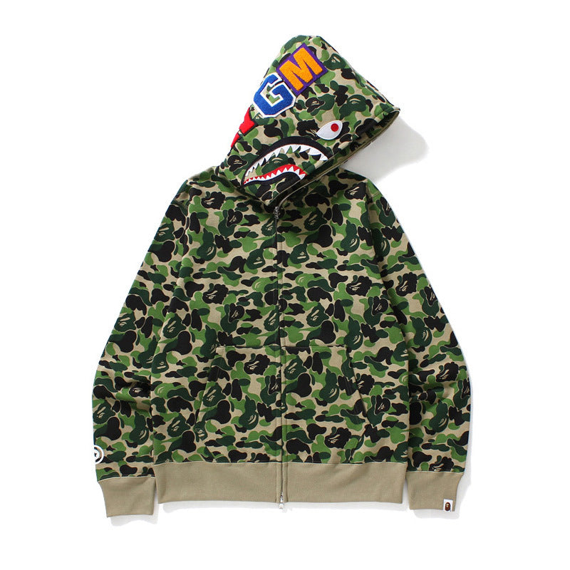 Cross border foreign trade wholesale new shark camouflage hooded cardigan zipper looped fleece men's and women's hoodie jacket trendy (16)