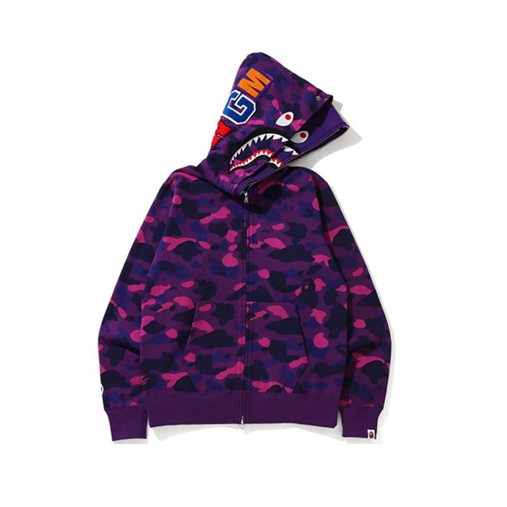 Cross border foreign trade wholesale new shark camouflage hooded cardigan zipper looped fleece men's and women's hoodie jacket trendy (24)
