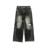 Rhinestone Distressed Baggy Wide Leg Jeans Men Vintage Washed Denim Pants Streetwear