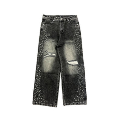 Rhinestone Distressed Baggy Wide Leg Jeans Men Vintage Washed Denim Pants Streetwear