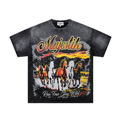 Black Washed Vintage Western Cowboy Horse Rider Double‑Sided Graphic Band‑Style T‑Shirt