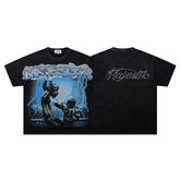 Black Vintage Blue‑Tone Grim Reaper Band‑Style Graphic T‑Shirt