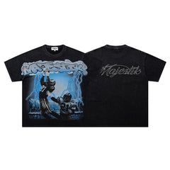 Black Vintage Blue‑Tone Grim Reaper Band‑Style Graphic T‑Shirt