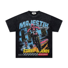 Black Washed Vintage Street Figure Double‑Sided Graphic T‑Shirt