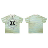 Vintage Green Stripe XX Studded Half‑Zip Polo Shirt