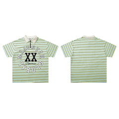 Vintage Green Stripe XX Studded Half‑Zip Polo Shirt