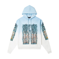 Vintage Blue‑White Gradient Church Stained‑Glass Tapestry Full‑Zip Hoodie