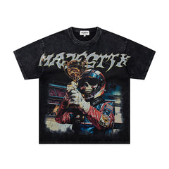Black Washed Vintage Mask‑Figure Double‑Sided Graphic Band‑Style T‑Shirt