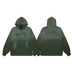 Vintage Dark Green Number 26 Embroidery Full‑Zip Hoodie