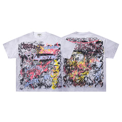 Off‑White Washed Vintage Graffiti Art Collage Double‑Sided Band‑Style T‑Shirt