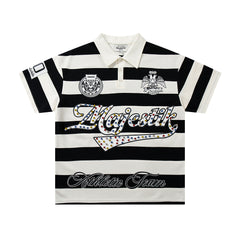 Vintage Black‑White Stripe MAJESTIC Rugby Polo Shirt