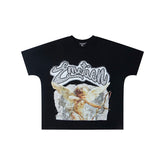 Black Vintage Cursive Script Figure Graphic Oversized Crew‑Neck Street T‑Shirt