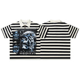 Black White Stripe Vintage Portrait Graphic Polo Shirt