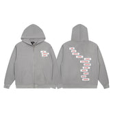 Vintage Light Grey Diagonal Stacked Letter Print Full‑Zip Hoodie