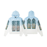 Vintage Blue‑White Gradient Church Stained‑Glass Tapestry Full‑Zip Hoodie
