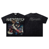 Black Washed Vintage Mask‑Figure Double‑Sided Graphic Band‑Style T‑Shirt