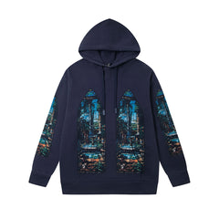 Vintage Navy Blue Church Stained‑Glass Full‑Zip Hoodie