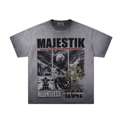 Grey Black Washed Vintage Portrait Totem Double‑Sided Graphic Band‑Style T‑Shirt