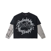 Thorn Letter Graphic Fake Two‑Piece Long Sleeve T‑Shirt Streetwear Top